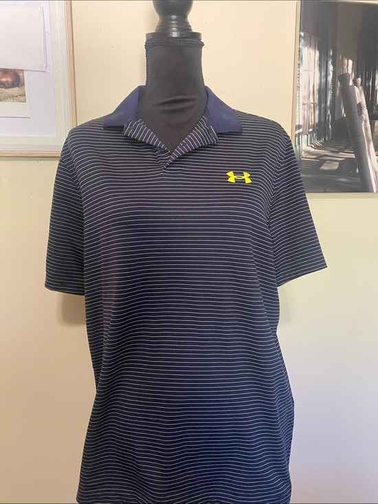 Under Armour Other - Under Armour Men’s Navy Striped Polo with Yellow Logo University of MI Sz Med